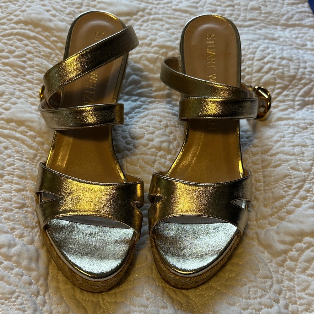Stuart Weitzman Shimmering Gold Wedge Sandals